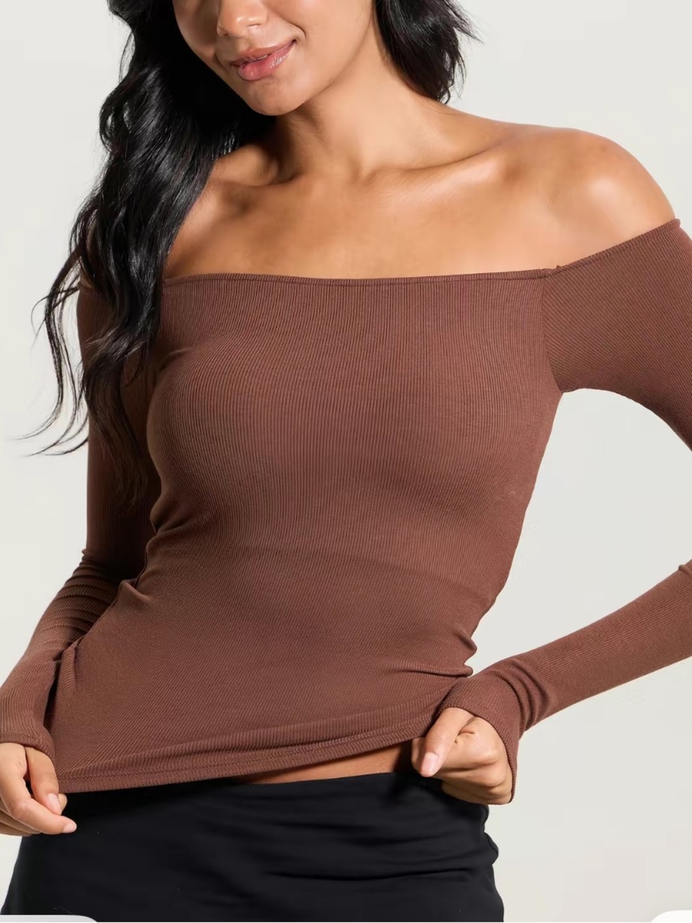 Off-Shoulder Ribbed Sweater Top - Chocolate Brown